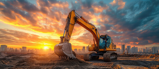 An excavator stands on a construction site with a vibrant sunrise and city skyline in the backdrop - obrazy, fototapety, plakaty