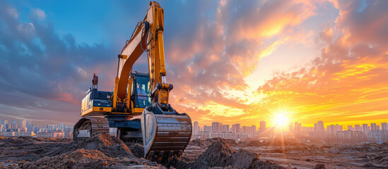 An excavator stands on a construction site with a vibrant sunrise and city skyline in the backdrop