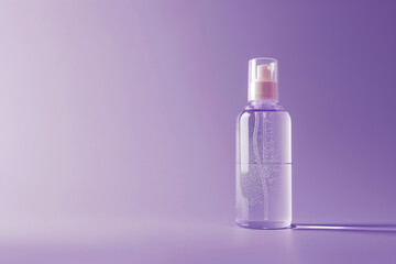 Contemporary skincare bottle with a transparent, dewy finish on a vibrant violet isolated solid background, showcasing freshness and purity,
