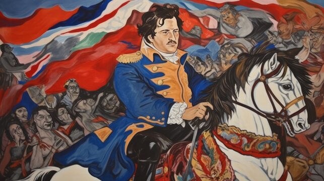 A painting of a man on a horse with a crowd of people behind him. The man is wearing a blue coat and has a mustache. The painting has a sense of conflict and tension