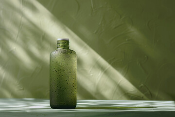 Contemporary skincare bottle with a unique texture on an olive green isolated solid background, emphasizing natural beauty,
