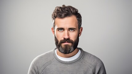 Obraz premium A man with a beard and a gray sweater is looking at the camera