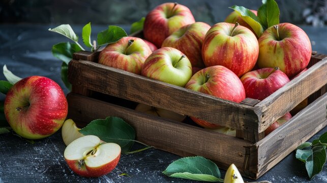 Ripe apples in a wooden box with leaves on a moody background. Still life photography with copy space