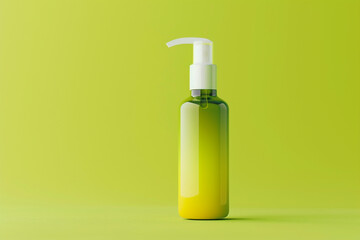 Contemporary skincare product bottle with a gradient finish on a bright lime green isolated solid background, showcasing innovation,