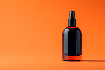 Contemporary skincare product bottle with a glossy black finish on a bright tangerine isolated solid background, exuding luxury and style,
