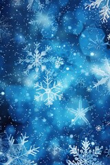 Blue Sparkling Winter Wonderland Background, Snow, Snowflakes, Bokeh, Vertical Christmas Illustration.  Generative AI.
