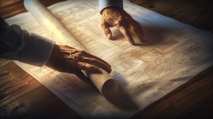 Blueprints to Reality: An Architect's Hands Unrolling Detailed Architectural Plans on a Wooden Desk, Illuminated by Soft, Natural Light - This image begins its journey to creation. - obrazy, fototapety, plakaty