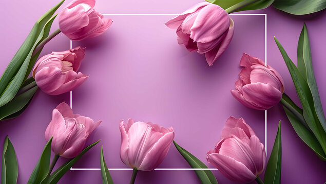 Easter holiday background with easter eggs, photo frame and tulip flowers on pink backdrop. Top view from above