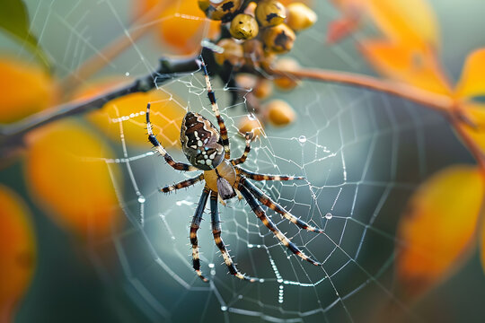 a close up of a spider on a web on a tree branch with water droplets on it's back and a blurry background of leaves and yellow flowers