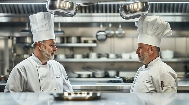 Featuring Copy Space for Text on the Left, an Image of Two Chefs in White Uniforms Standing in a Modern Restaurant Kitchen, One Pointing at a Recipe Book While Both Sport Large Cooking Pans as Hats.