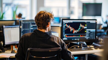 Person analyzing financial charts on computer monitors. Finance and trading concept