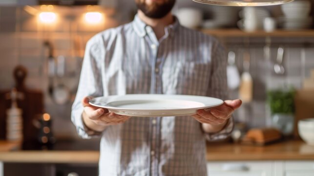 Man presenting empty white plate. Close-up with selective focus in a kitchen setting.