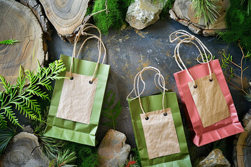 Eco-friendly shopping bags among natural wooden and stone elements,