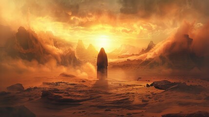 Futuristic landscape with cloaked figure facing a sandstorm at sunset. Sci-fi and exploration concept. - obrazy, fototapety, plakaty