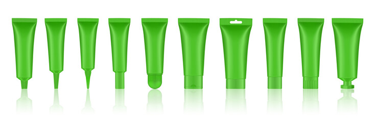 Set of green cosmetic tubes. Closed blank tubes with caps. Realistic mockup. Long nozzle tube. for ointment or salve. Gel serum. Korean packaging. Lip gloss. Toothpaste. Hand cream - obrazy, fototapety, plakaty