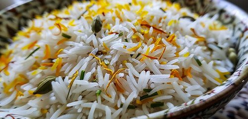 Aromatic Basmati Rice, with long white grains, sprinkled with bright yellow saffron threads and green cardamom pods