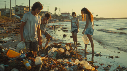 Group of young people cleaning rubbish from a beach,generative ai