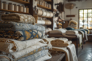 Artisanal Wool and Textile Display in a Country Farm Store. Eco-conscious Rustic Interior with Organic Handcrafted Clothing and Blankets