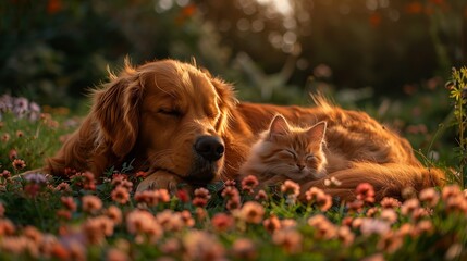 A carnivore dog and a fawncolored cat relax in grassy natural landscape