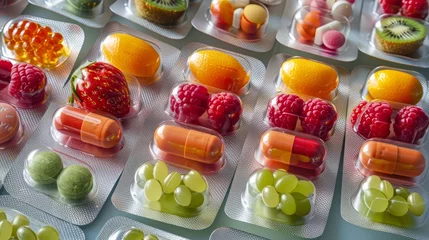 Poster Assorted fruits and pills in blister packs. Health and nutrition concept. Design for healthcare, pharmacy, and dieting brochures. © ANStudio