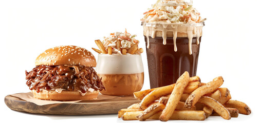 Barbeque pulled pork burger, coleslaw atop, beer-battered fries beside, root beer float with creamy foam, distressed wood texture fading to white