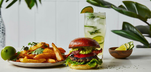 Black bean burger with avocado lime dressing, a side of crispy plantain fries, a coconut water mojito, vibrant greenery