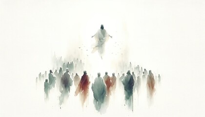 The Ascension of Jesus. Jesus ascending to Heaven after his resurrection. Digital watercolor painting.