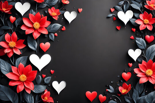 abstract 3D flowers and hearts on black background design, free space on center