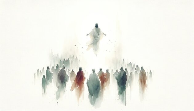 The Ascension of Jesus. Jesus ascending to Heaven after his resurrection. Digital watercolor painting.