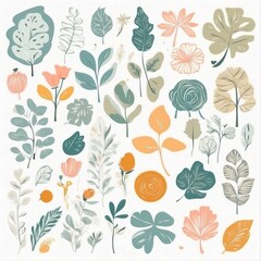 A collection of seamless pattern, colorful abstract plants and flowers. Hand drawn Collection of leaves and flowers. A close up of a pattern of flowers and leaves.
