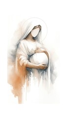 Motherhood. Pregnant woman in a veil. Mother Mary. Digital watercolor painting.