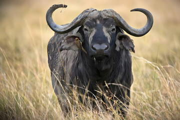 An African buffalo with two horns walks in thick yellow grass.(not made by ai)