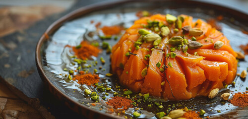 Bright, zesty orange and cardamom-infused carrot halva, garnished with pistachio slivers, for a vibrant and textured treat