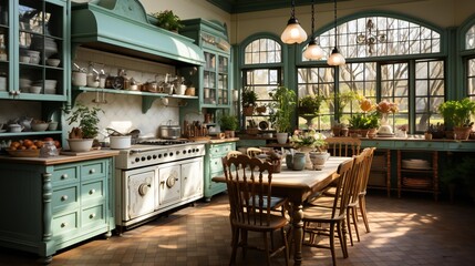 Cozy Retro Styled Kitchen Surrounded by Nature, Featuring Large Windows and Elegant Hardwood Floors