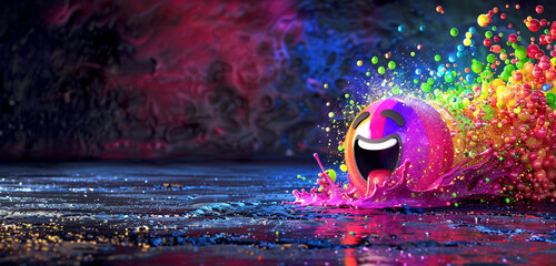 A rainbow emoji spreading joyous colors on a dark surface. - obrazy, fototapety, plakaty