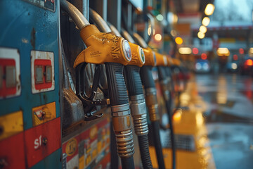 Petrol station in the city with a row of gas pumps who people filling up their cars with gas - obrazy, fototapety, plakaty