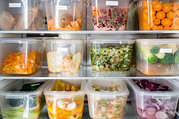 Fridge full of food. Containers contain food that is packaged and ready to eat. Organized meals