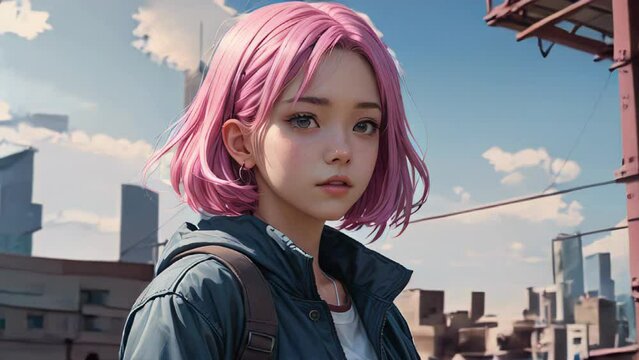 cartoon character of a girl with pink hair
Concept: youth culture and city life