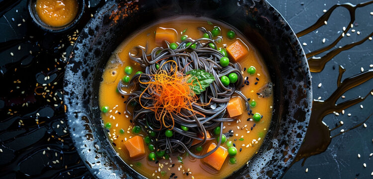 Creamy amber broth swirling around charcoal grey noodles, a dynamic splash of teal green peas and orange carrot slices