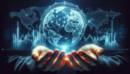 hands projecting a holographic 3D graph and network lines that represent global connectivity