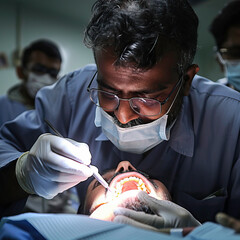 Obraz na płótnie Canvas Dentist Conducting Dental Procedure with Intense Focus
