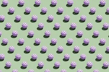 Pickleball sport equipments. Pattern of purple pickleball balls on green background. 3d illustration, render.