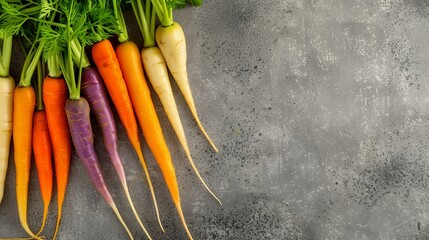With Copy Space for Text on the Left Side, a Close-Up Image of an Assortment of Different Colored Carrots, Including Against a Textured Gray Background. - obrazy, fototapety, plakaty