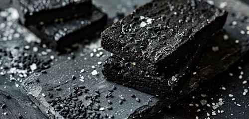 Fotobehang Deep, charcoal-black sesame seed and honey bars, with a sprinkle of sea salt, for a visually striking and flavor-packed treat © Khuram