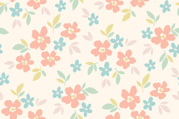 Seamless floral pattern, delicate liberty ditsy print in a spring motif. Cute botanical design: small hand drawn flowers, tiny leaves, pastel color bouquets on a white background. Vector illustration. © Yulya i Kot