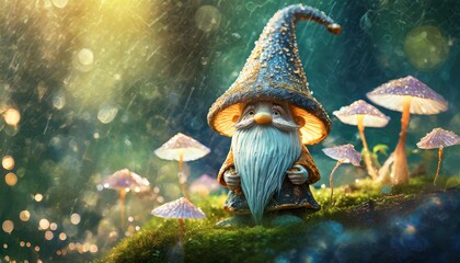 Close Macro view of a character old wizard gnome ,water droplets all around, highly detailed. In a mushroom land. sunlight illuminates and sparkles. Ai Generated