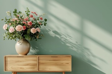 Classic flower pot on wooden cabinet with sage green wall background. Mock up