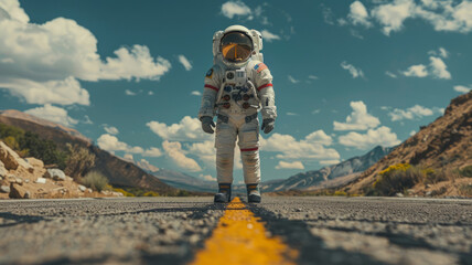 an astronaut standing on the roadside. Holding his thumb up for hitching.generative ai - obrazy, fototapety, plakaty