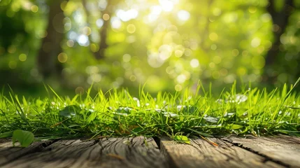 Papier Peint photo Herbe Fresh spring green grass with green bokeh and sunlight and wood floor. Beauty natural background