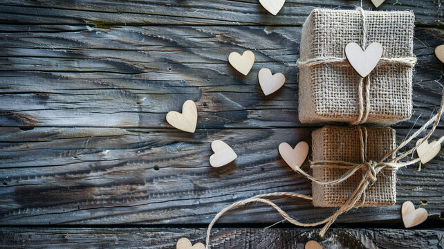 A rustic burlap gift box tied with twine, accompanied by scattered wooden heart cutouts on a weathered barn wood surface.